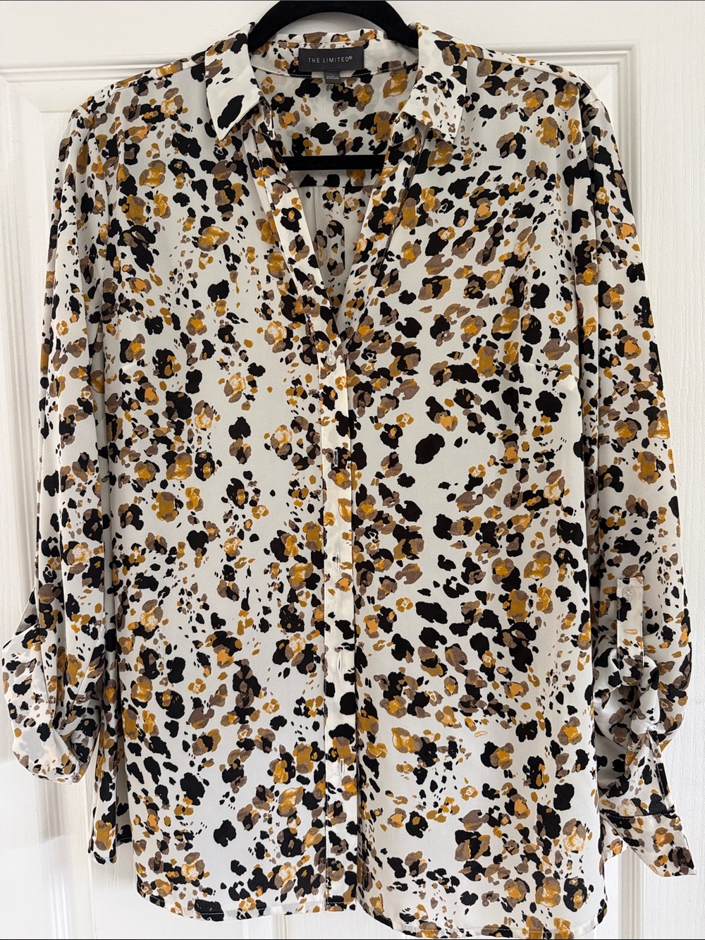 The Limited large Button-Down Blouse with Black, Brown & Mustard Leopard print.
